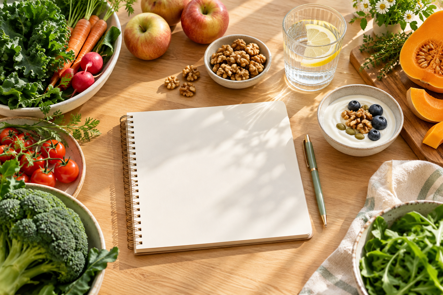 Beslenme planı için boş defter, mevsim ürünleri ve su